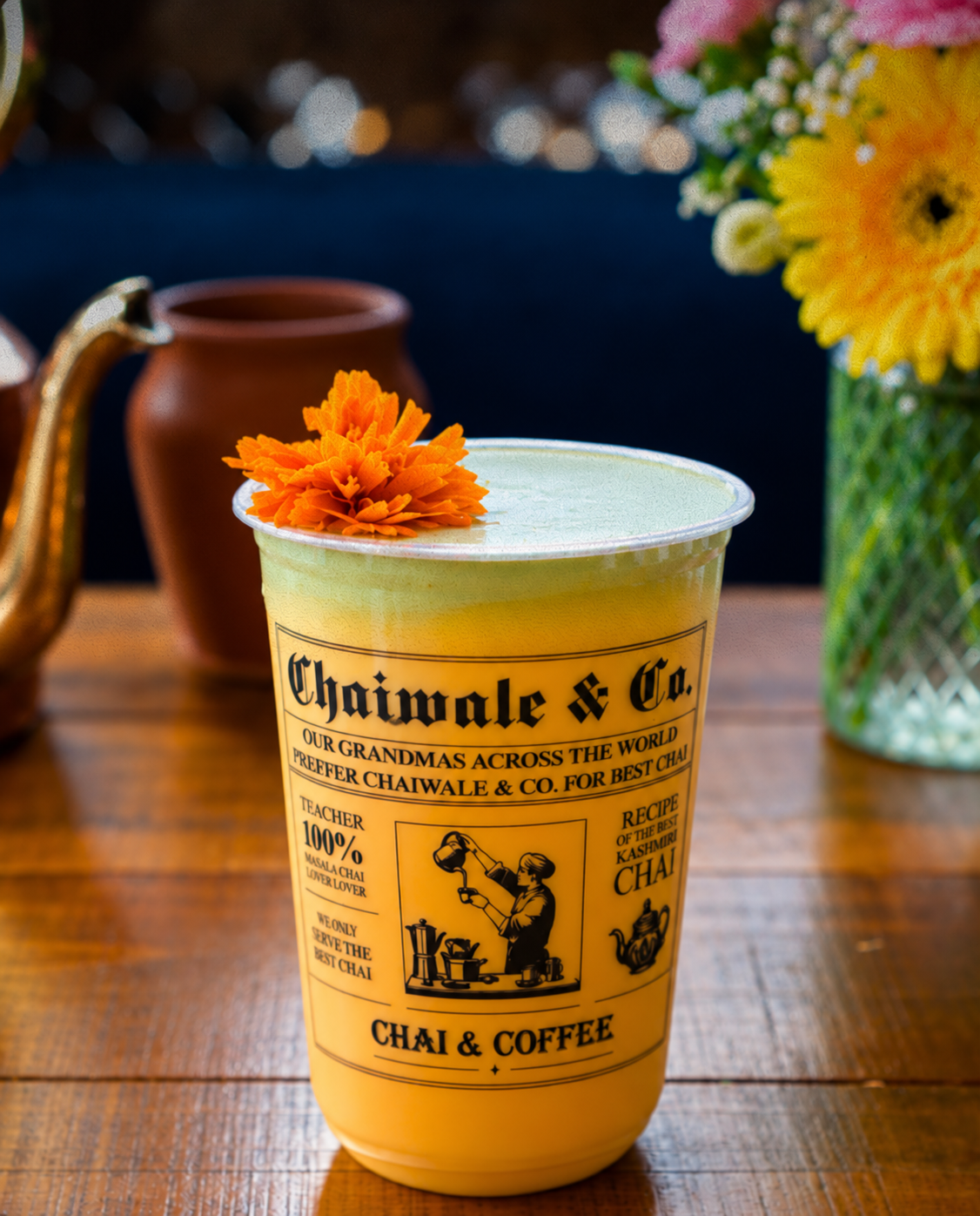 Chaiwale & Co mango matcha served in a real Brews & Basics custom-printed branded cup